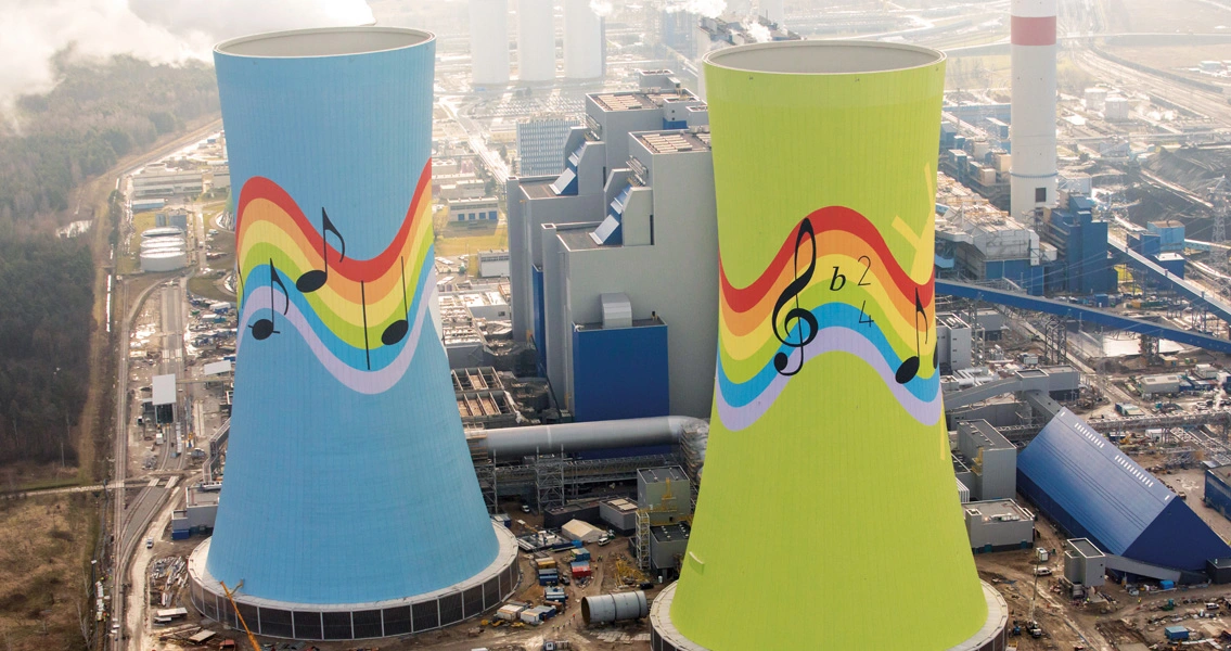 For the design of the cooling towers, the client PGE chose an artistic concept from among competing ideas submitted by local schools, with rainbow and sun motifs and musical notes from the Polish folk song “Little Caroline has gone to Gogolina”.